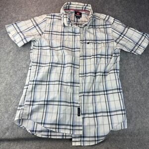 Quiksilver Button Up Men Short‎ Sleeve Blue White Plaid Cotton Blend Size Large